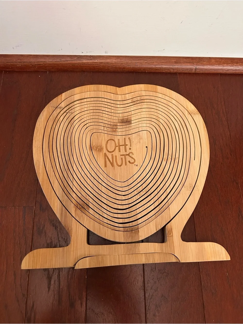 OH! Nuts Heart Shaped Collapsible Wooden Basket Tray Trivet Bamboo